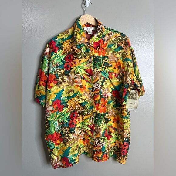 Vintage Ivy Club classics silk floral button up shirt size large Hawaiian Vaca - Picture 1 of 6